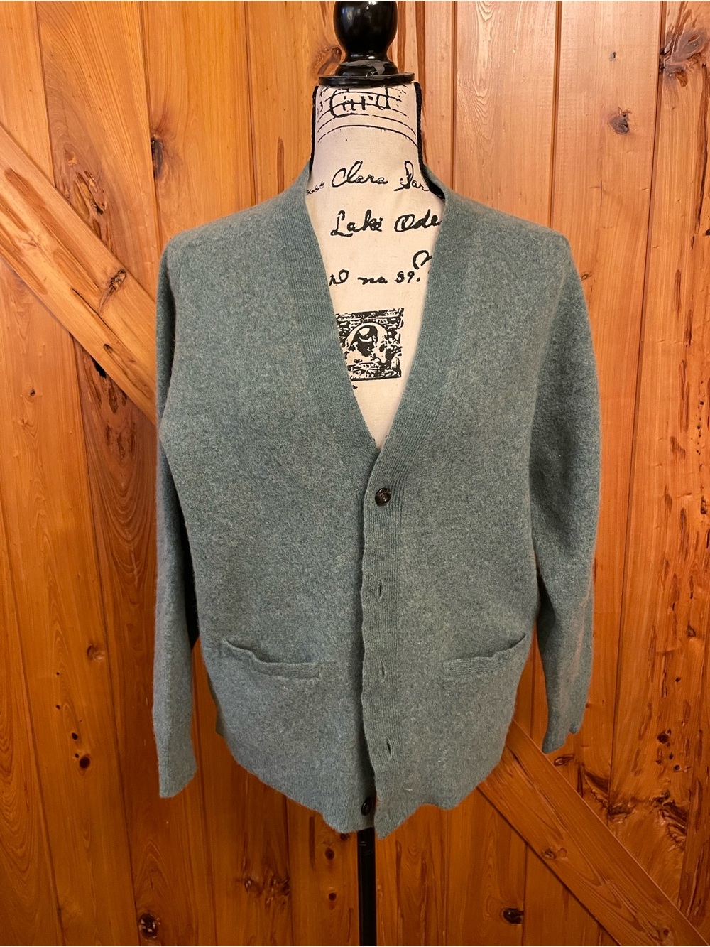 Womens Heather Slate Green V-Neck Cardigan Sweater Harrods lambs wool